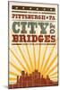 Pittsburgh, Pennsylvania - Skyline and Sunburst Screenprint Style-Lantern Press-Mounted Art Print