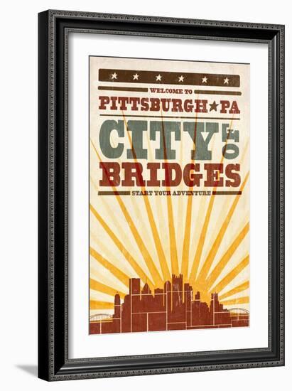 Pittsburgh, Pennsylvania - Skyline and Sunburst Screenprint Style-Lantern Press-Framed Art Print