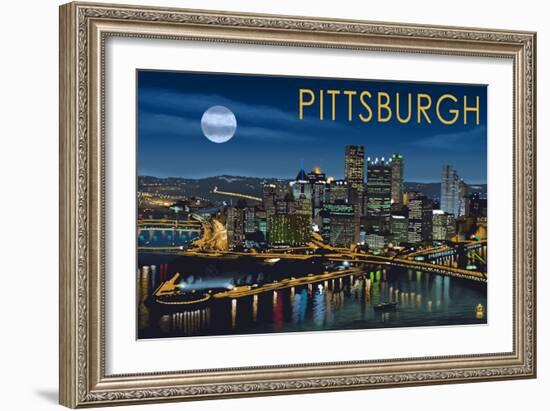 Pittsburgh, Pennsylvania - Skyline at Night-Lantern Press-Framed Art Print