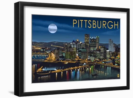 Pittsburgh, Pennsylvania - Skyline at Night-Lantern Press-Framed Art Print