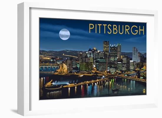 Pittsburgh, Pennsylvania - Skyline at Night-Lantern Press-Framed Art Print