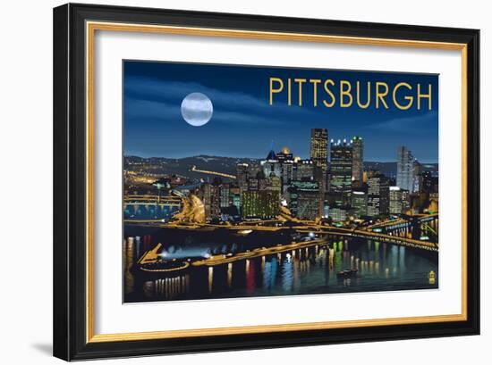 Pittsburgh, Pennsylvania - Skyline at Night-Lantern Press-Framed Art Print