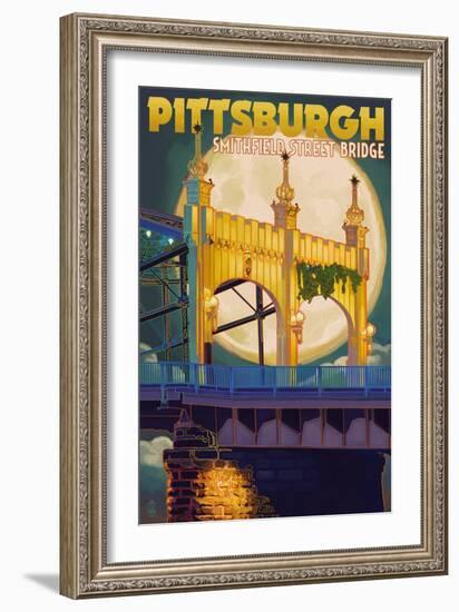 Pittsburgh, Pennsylvania - Smithfield St. Bridge and Moon-Lantern Press-Framed Art Print