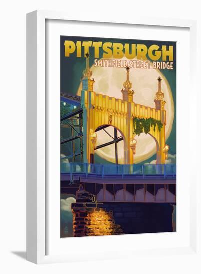 Pittsburgh, Pennsylvania - Smithfield St. Bridge and Moon-Lantern Press-Framed Art Print