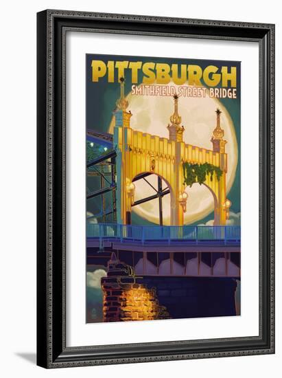 Pittsburgh, Pennsylvania - Smithfield St. Bridge and Moon-Lantern Press-Framed Art Print