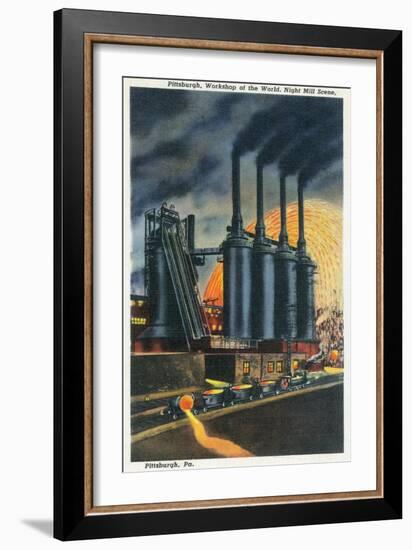 Pittsburgh, Pennsylvania - Steel Mill Scene at Night-Lantern Press-Framed Premium Giclee Print