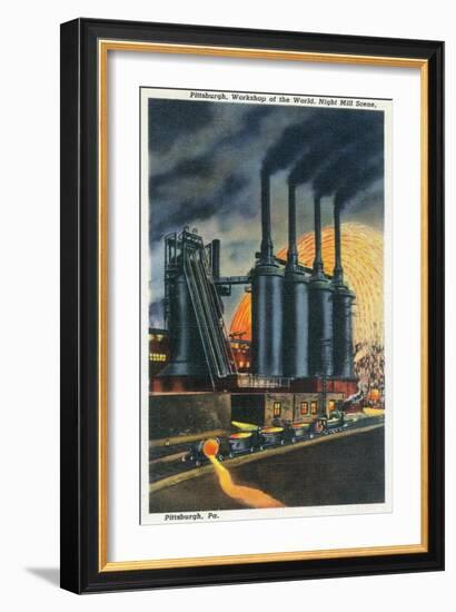 Pittsburgh, Pennsylvania - Steel Mill Scene at Night-Lantern Press-Framed Premium Giclee Print