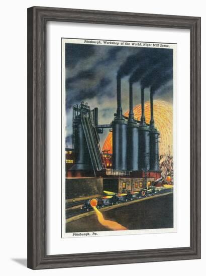 Pittsburgh, Pennsylvania - Steel Mill Scene at Night-Lantern Press-Framed Art Print