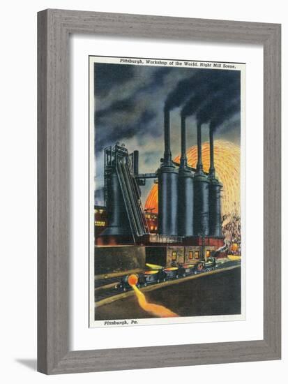 Pittsburgh, Pennsylvania - Steel Mill Scene at Night-Lantern Press-Framed Art Print