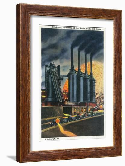 Pittsburgh, Pennsylvania - Steel Mill Scene at Night-Lantern Press-Framed Art Print