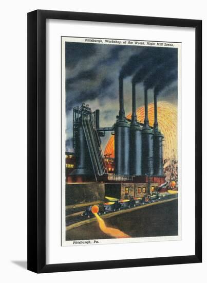 Pittsburgh, Pennsylvania - Steel Mill Scene at Night-Lantern Press-Framed Art Print