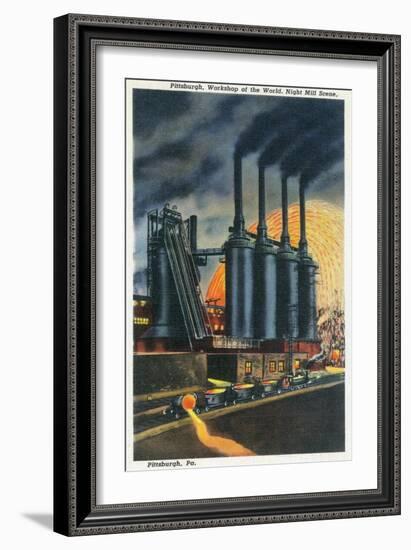 Pittsburgh, Pennsylvania - Steel Mill Scene at Night-Lantern Press-Framed Art Print