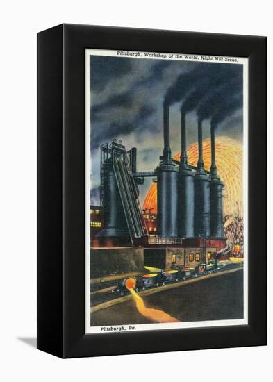 Pittsburgh, Pennsylvania - Steel Mill Scene at Night-Lantern Press-Framed Stretched Canvas