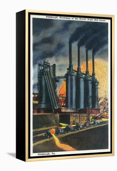 Pittsburgh, Pennsylvania - Steel Mill Scene at Night-Lantern Press-Framed Stretched Canvas