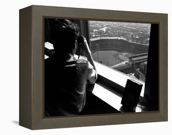 Pittsburgh Pirate Fan Atop University's Cathedral Looking Down at World Series Baseball Game-George Silk-Framed Premier Image Canvas