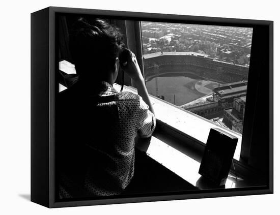 Pittsburgh Pirate Fan Atop University's Cathedral Looking Down at World Series Baseball Game-George Silk-Framed Premier Image Canvas