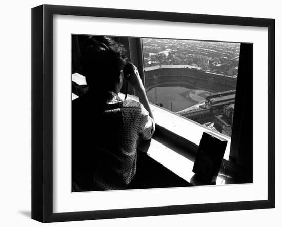 Pittsburgh Pirate Fan Atop University's Cathedral Looking Down at World Series Baseball Game-George Silk-Framed Photographic Print