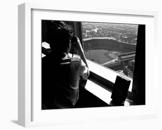 Pittsburgh Pirate Fan Atop University's Cathedral Looking Down at World Series Baseball Game-George Silk-Framed Photographic Print