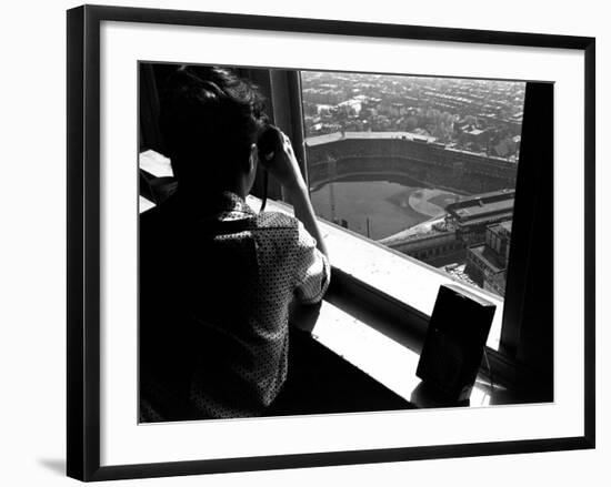 Pittsburgh Pirate Fan Atop University's Cathedral Looking Down at World Series Baseball Game-George Silk-Framed Photographic Print