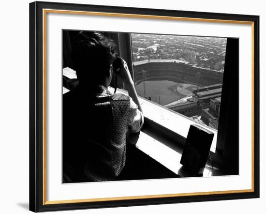 Pittsburgh Pirate Fan Atop University's Cathedral Looking Down at World Series Baseball Game-George Silk-Framed Photographic Print