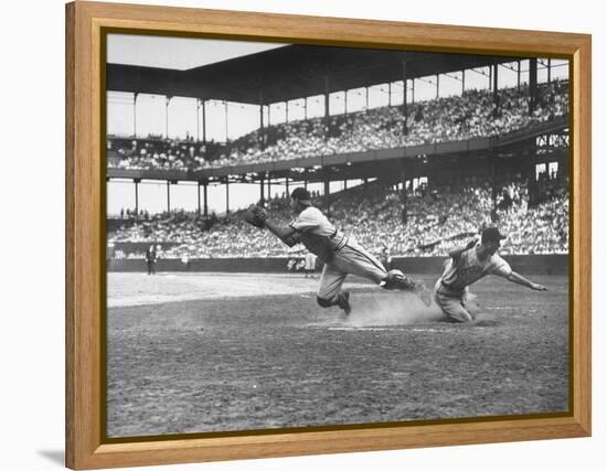 Pittsburgh Player Sliding to Home Plate before St. Louis Cardinal Catcher Gets the Ball-Joe Scherschel-Framed Premier Image Canvas