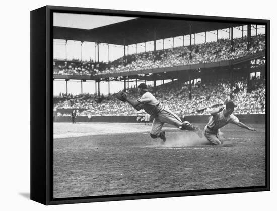 Pittsburgh Player Sliding to Home Plate before St. Louis Cardinal Catcher Gets the Ball-Joe Scherschel-Framed Premier Image Canvas