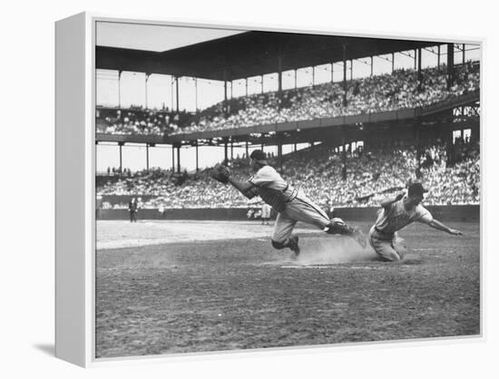 Pittsburgh Player Sliding to Home Plate before St. Louis Cardinal Catcher Gets the Ball-Joe Scherschel-Framed Premier Image Canvas