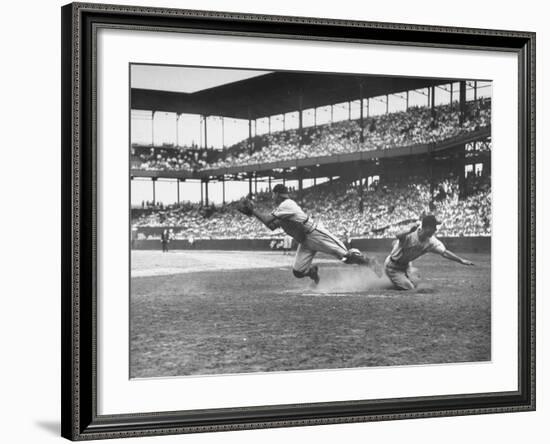 Pittsburgh Player Sliding to Home Plate before St. Louis Cardinal Catcher Gets the Ball-Joe Scherschel-Framed Premium Photographic Print