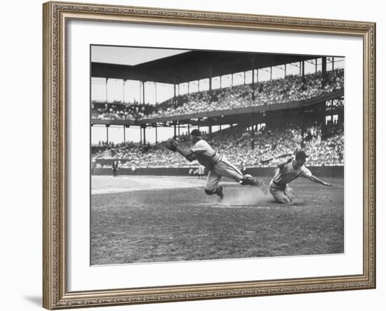 Pittsburgh Player Sliding to Home Plate before St. Louis Cardinal Catcher Gets the Ball-Joe Scherschel-Framed Premium Photographic Print