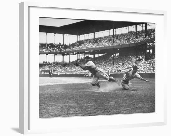 Pittsburgh Player Sliding to Home Plate before St. Louis Cardinal Catcher Gets the Ball-Joe Scherschel-Framed Premium Photographic Print