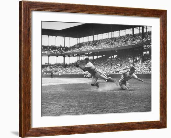 Pittsburgh Player Sliding to Home Plate before St. Louis Cardinal Catcher Gets the Ball-Joe Scherschel-Framed Premium Photographic Print