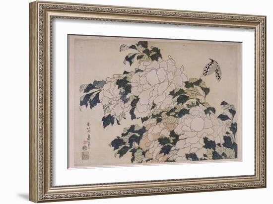 Pivoines et papillons-Katsushika Hokusai-Framed Giclee Print