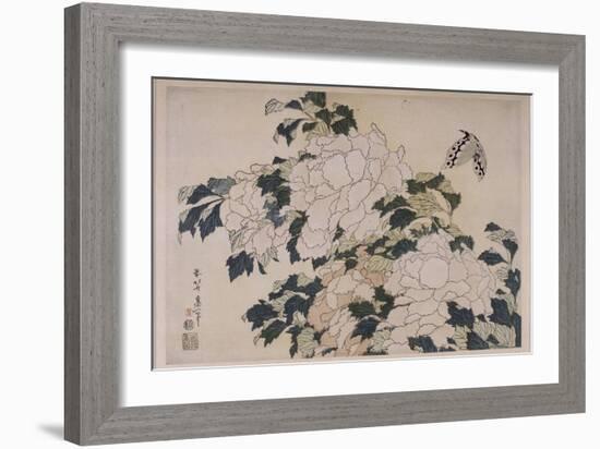 Pivoines et papillons-Katsushika Hokusai-Framed Giclee Print