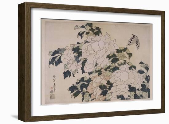 Pivoines et papillons-Katsushika Hokusai-Framed Giclee Print