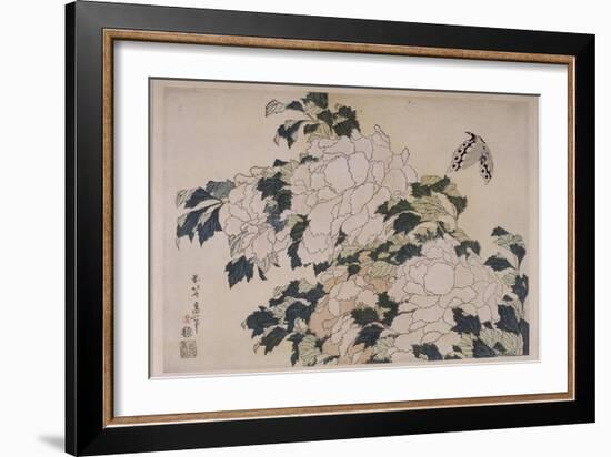 Pivoines et papillons-Katsushika Hokusai-Framed Giclee Print