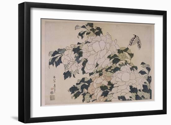 Pivoines et papillons-Katsushika Hokusai-Framed Giclee Print