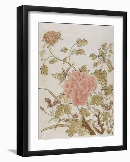 Pivoines et papillons-null-Framed Giclee Print