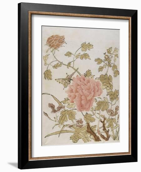 Pivoines et papillons-null-Framed Giclee Print