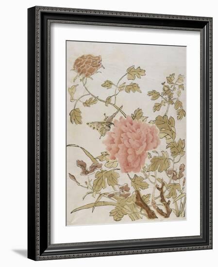 Pivoines et papillons-null-Framed Giclee Print