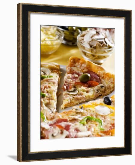 Pizza with a Slice Cut and Pizza Ingredients-null-Framed Photographic Print