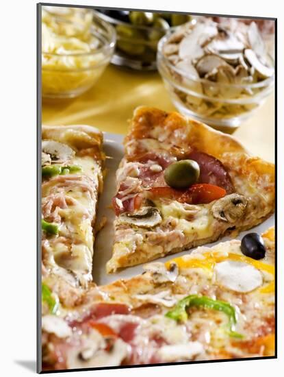 Pizza with a Slice Cut and Pizza Ingredients-null-Mounted Photographic Print