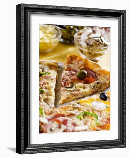 Pizza with a Slice Cut and Pizza Ingredients-null-Framed Photographic Print