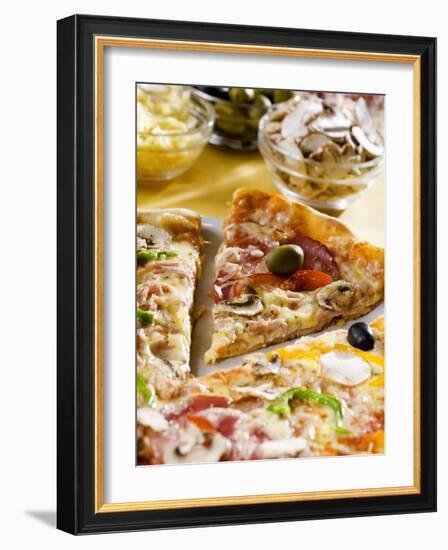 Pizza with a Slice Cut and Pizza Ingredients-null-Framed Photographic Print