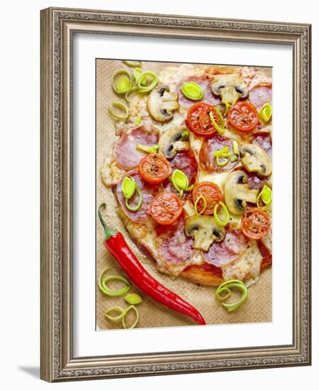 Pizza with Salami, Mushrooms, Tomatoes, Leek, Mozzarella and Chillis-Ira Leoni-Framed Photographic Print