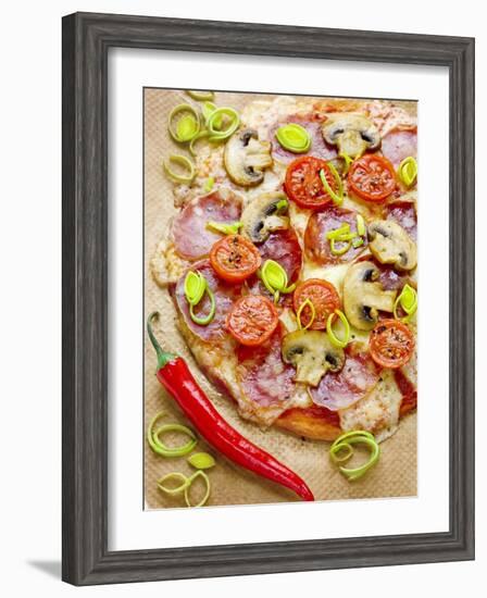 Pizza with Salami, Mushrooms, Tomatoes, Leek, Mozzarella and Chillis-Ira Leoni-Framed Photographic Print