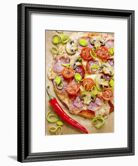 Pizza with Salami, Mushrooms, Tomatoes, Leek, Mozzarella and Chillis-Ira Leoni-Framed Photographic Print