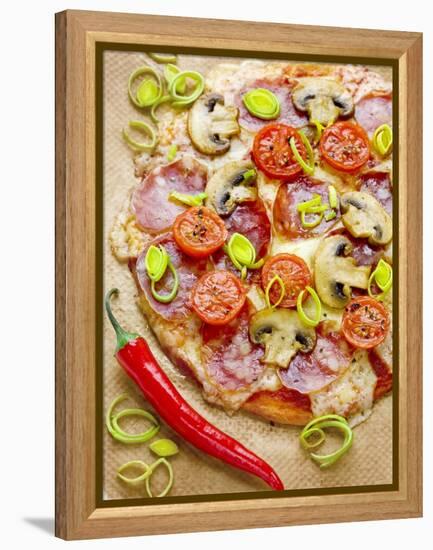 Pizza with Salami, Mushrooms, Tomatoes, Leek, Mozzarella and Chillis-Ira Leoni-Framed Premier Image Canvas