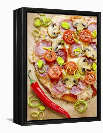 Pizza with Salami, Mushrooms, Tomatoes, Leek, Mozzarella and Chillis-Ira Leoni-Framed Premier Image Canvas