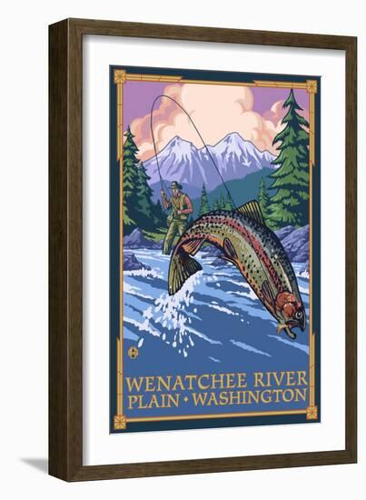 Plain, Washington - Angler Fly Fishing Scene-Lantern Press-Framed Art Print
