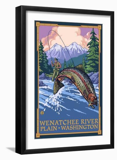 Plain, Washington - Angler Fly Fishing Scene-Lantern Press-Framed Art Print